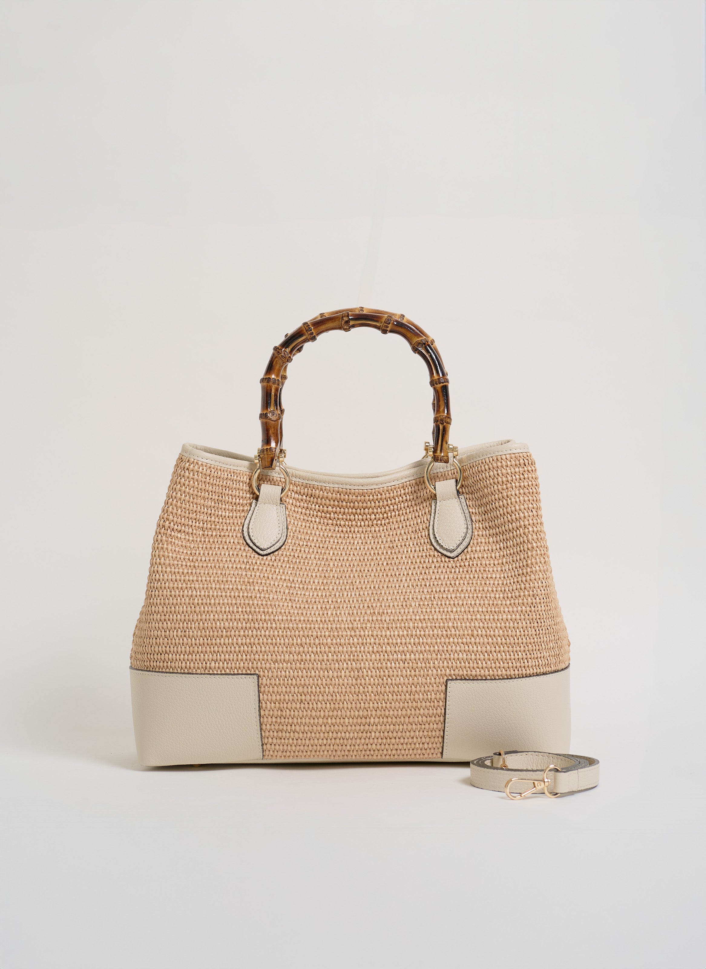 Torba Bamboo Babe ze skóry i rafii w kolorze beżowym